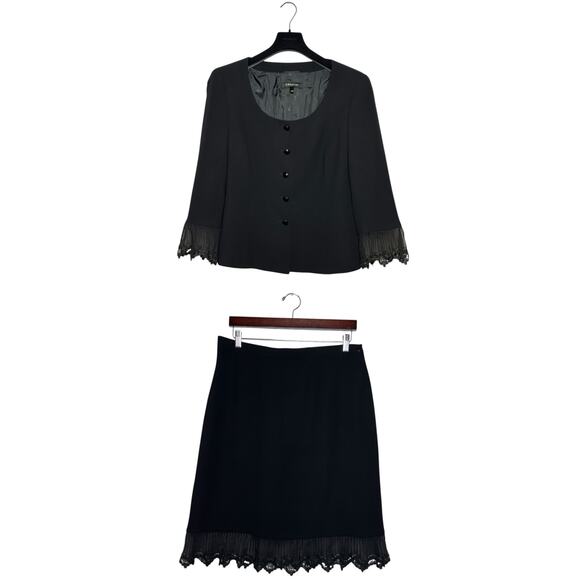 Escada Black Skirt Suit Lace Trim Size 44 EU 12 US - Picture 2 of 16